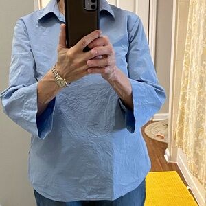 Lafayette 148. Quality and stunning pullover blouse. Medium blue. 3/4 sleeve.S/M